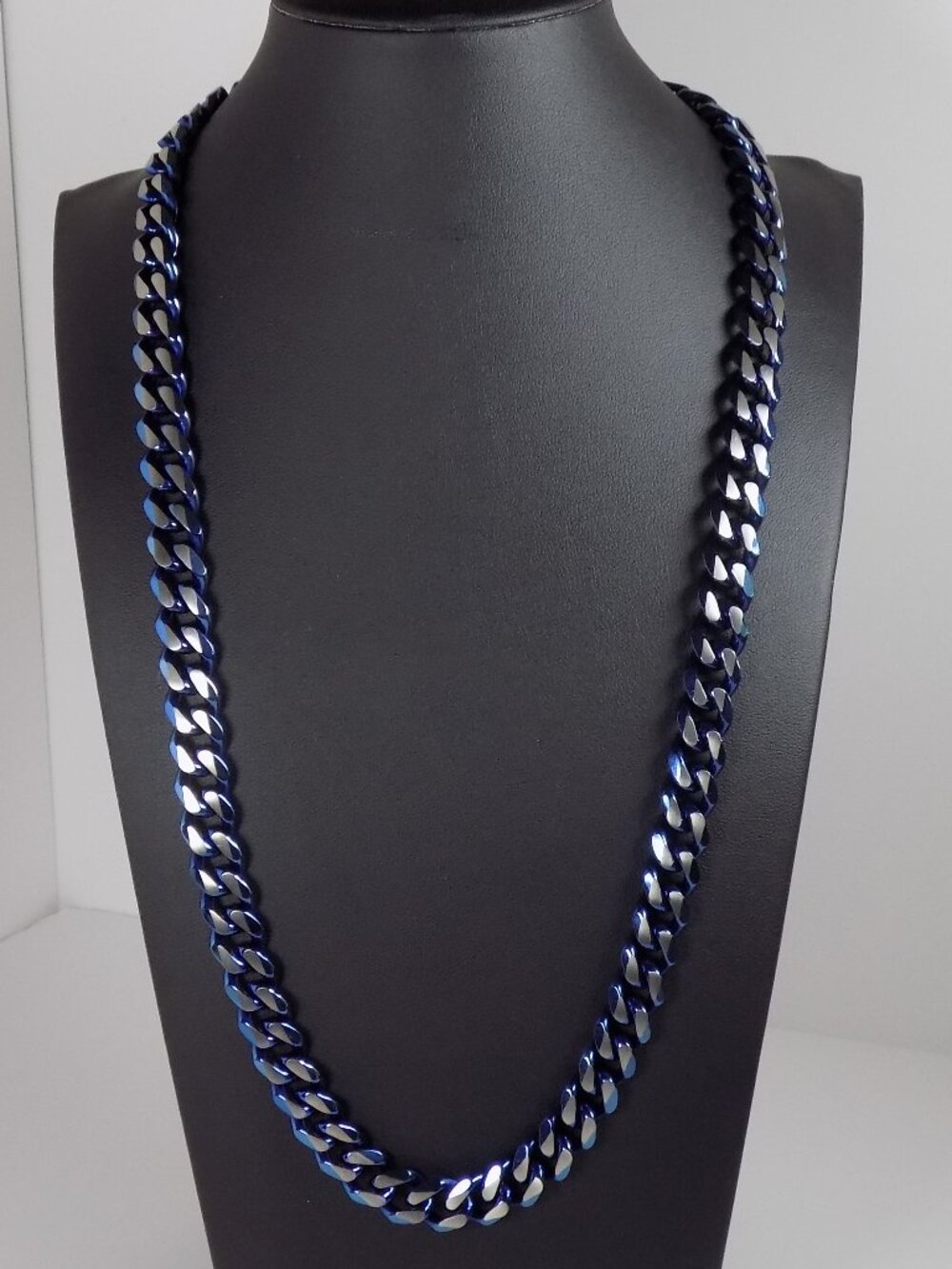Men's Stainless Steel Blue Cuban Link Necklace Fold-over Clasp Signed